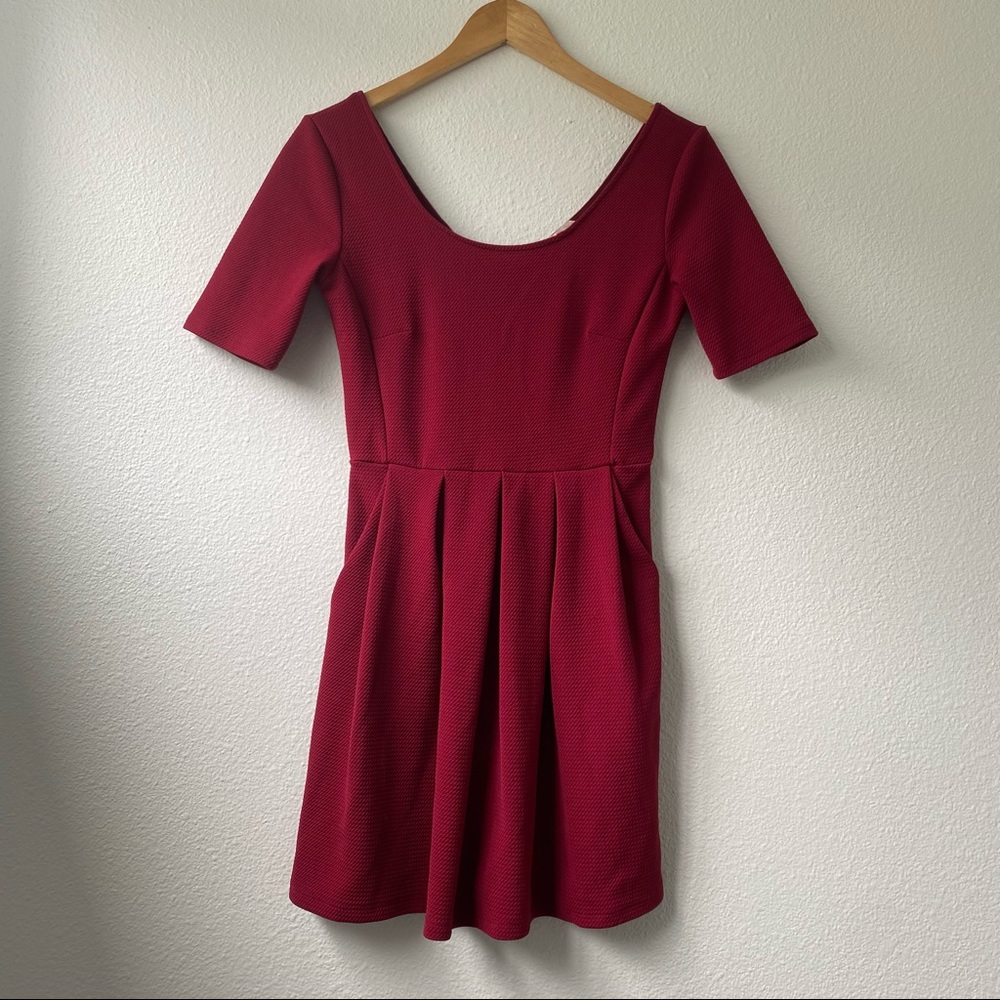 Lush Dark Red Scoop Neck Textured Mini Dress with pockets